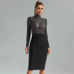 Mesh Stitching  Bandage One Piece Turtleneck Diamond Nightclub Party Dress