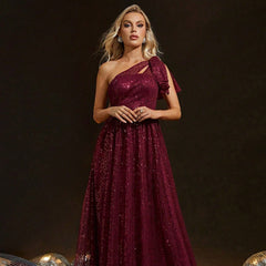 Sequined One Shoulder Evening Dress Bride Wine Red Toast Dress Adult Ceremony Party Dress Slim Fit Annual Party Evening