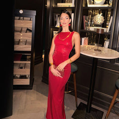 Fashionable Red Elegance Sleeveless Maxi Dress Slim Fit Backless Evening Dress for Ladies