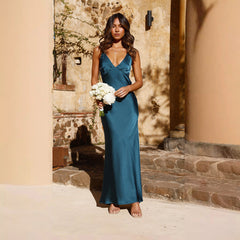 Robe dos nu fendue unie, coupe ajustée mi-longue