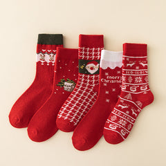 Lot de 5 paires de chaussettes de Noël rouges mi-mollet en cachemire épais et chaud