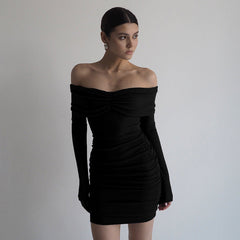 Pleated off the Shoulder Long Sleeve Slim Sheath Short Dress