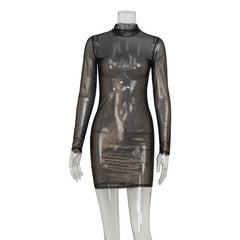 Mesh Long Sleeve Slim Bronzing Thin Glittering Dress Sheath Blouse