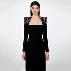 Elegant Graceful Square Collar Diamond Long Sleeve Bandage Dress Ladies Party Dinner Light Dress
