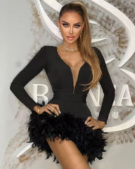 Office Elegant Bandage Feather Dress French Bandage Short Dress