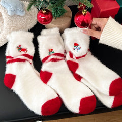 Chaussettes de Noël rouges mi-mollet en peluche épaisse brodée