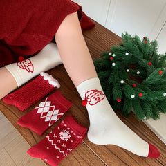 Chaussettes de Noël mi-mollet sans couture en polaire lapin à motif losanges rouges et flocons de neige