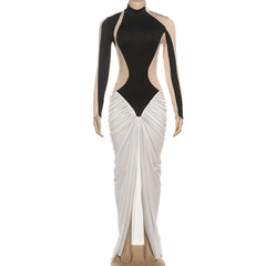 Robe plissée tendance à col montant, manches longues et coutures contrastées