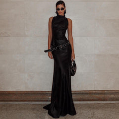 Personality Turtleneck Slim Sleeveless Solid Color Faux Leather