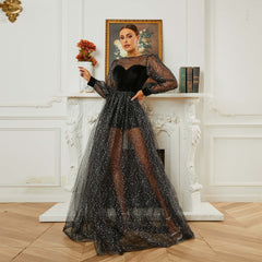 Long Sleeved round Neck Cocktail Sequin Gauze Large Swing Evening Dress Bridesmaid