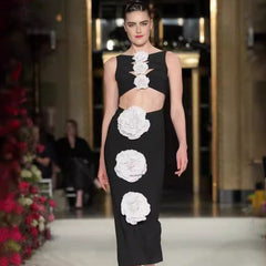 Floral Slim Fit Slimming Bandage Dress Niche Hollow Out Cutout Sleeveless Dress