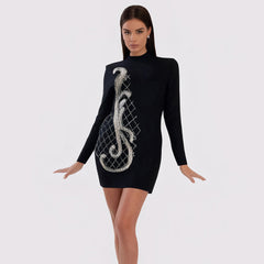 Heavy Embroidery Drilling Long Sleeve Bandage Dress Slimming Hip Wrapped Dinner Party Dress