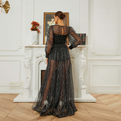 Long Sleeved round Neck Cocktail Sequin Gauze Large Swing Evening Dress Bridesmaid