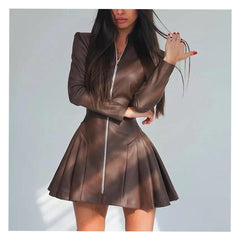 Fashionable Fitted Long Sleeve Pleated Faux Leather Zipper Dress