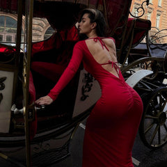 Hollow Out Cutout Backless Stitching Tied Halter Slim Fit Long Sheath Street