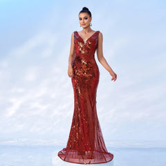 Strap Elegant V neck Long Sequined Cocktail Fishtail Evening Dress Bridesmaid Dress