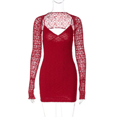 Lace Stitching Suspender Dress Pure Red Slim Fit V neck Socialite Dress