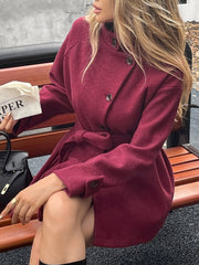Elegant Solid Color Belted Wool Blend Coat