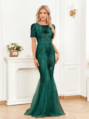 Short Sleeve Green Color Beaded Dress Maxi Dress Fishtail Slim Bridesmaid Cocktail Evening Dress