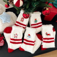 Chaussettes de Noël rouges mi-mollet en peluche épaisse brodée