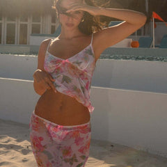 Floral Gauzy Beach Dress with Suspenders Split Bow Lace Skirt Set