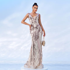 Strap Elegant V neck Long Sequined Cocktail Fishtail Evening Dress Bridesmaid Dress