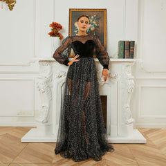 Long Sleeved round Neck Cocktail Sequin Gauze Large Swing Evening Dress Bridesmaid