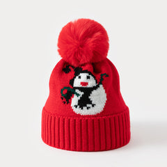 Bonnet de Noël tricoté bonhomme de neige à pompons