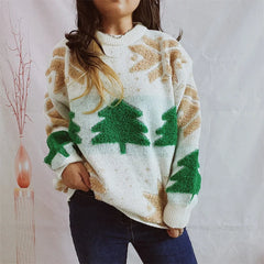 Green Fashion Tree Embroidery Knitted Pullover Casual Loose Retro Christmas Sweater Off-White / S