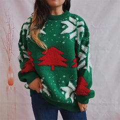 Green Fashion Tree Embroidery Knitted Pullover Casual Loose Retro Christmas Sweater / S Sweaters-L