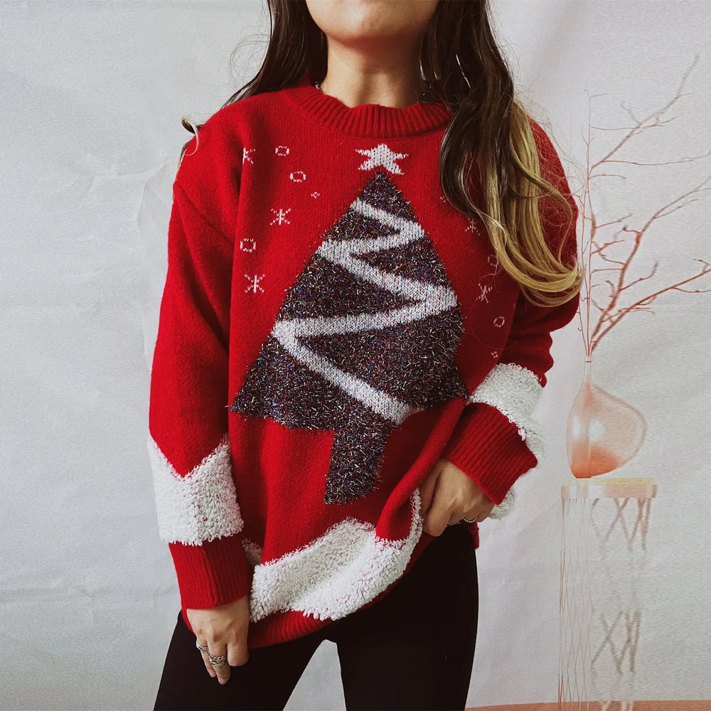 Tree Gold Thread Flocked Round Neck Long Sleeved Loose Knit Pullover Christmas Sweater Red / S