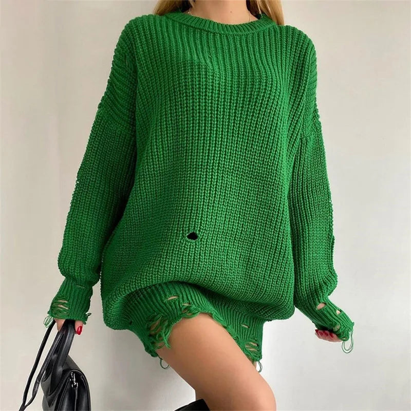 Oversized Casual Sexy Club Y2K Women Knitted Green O Neck Christmas Sweater Sweaters-L