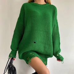 Oversized Casual Sexy Club Y2K Women Knitted Green O Neck Christmas Sweater Sweaters-L