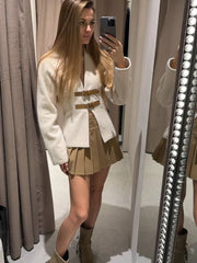 Manteaux élégants à col en V fendu et coutures patchwork, boucle ajourée