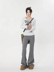 Pantalon croisé gris vintage, noir basique évasé, style rétro décontracté