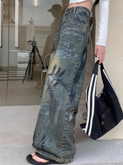 Pantalon baggy taille haute style graffiti vintage Y2K