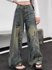 Pantalon baggy taille haute style graffiti vintage Y2K