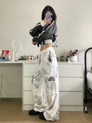 Pantalon cargo à cordon de serrage Y2K grande taille délavé