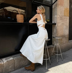Summer White Elegant Midi Dress Women 2024 New Chic Sleeveless Waist Hollow Out Long Dresses Streetwear Fashion Lace-up Vestidos