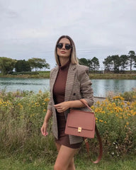 British Style Retro Plaid Blazer Suit Women Simple Mid Length Double Breasted Casual Office Blazers Lady Work Commute Suit