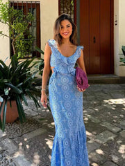 Blue Hollow Out Embroidered Midi Dress Women Summer New V Neck Sleeveless Ruffle Long Dresses Elegant Fashion Holiday Vestidos