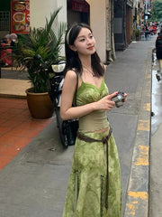 Summer Women Birthday Vintage Gyaru Boho Style Vacation Rave Beach Outfits 2 Piece Set Patchwork Halter Top + Fairy Midi Skirts