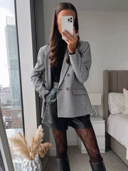 British Style Retro Plaid Blazer Suit Women Simple Mid Length Double Breasted Casual Office Blazers Lady Work Commute Suit