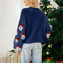 Soft Funny Christmas Santa Claus Print Loose Round Neck Knitted Sweater Sweaters-L