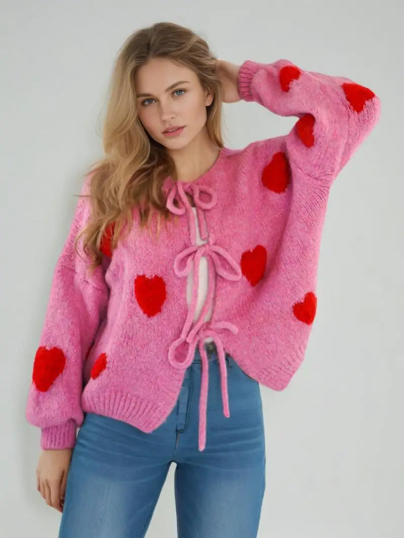 Embroidery Heart Lace-Up Cardigan Pink Love / S Cardigan-241208