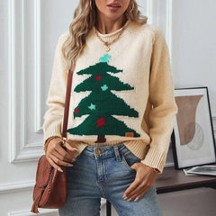 Knitted Autumn Winter Christmas Tree Pattern Long Sleeve Oversized Sweater Apricot / S Sweaters-L