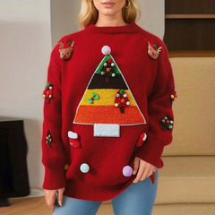 Christmas Tree Jacquard Three Decorated Round Neck Long Sleeve Fleece Sweater Red / S Sweaters-L