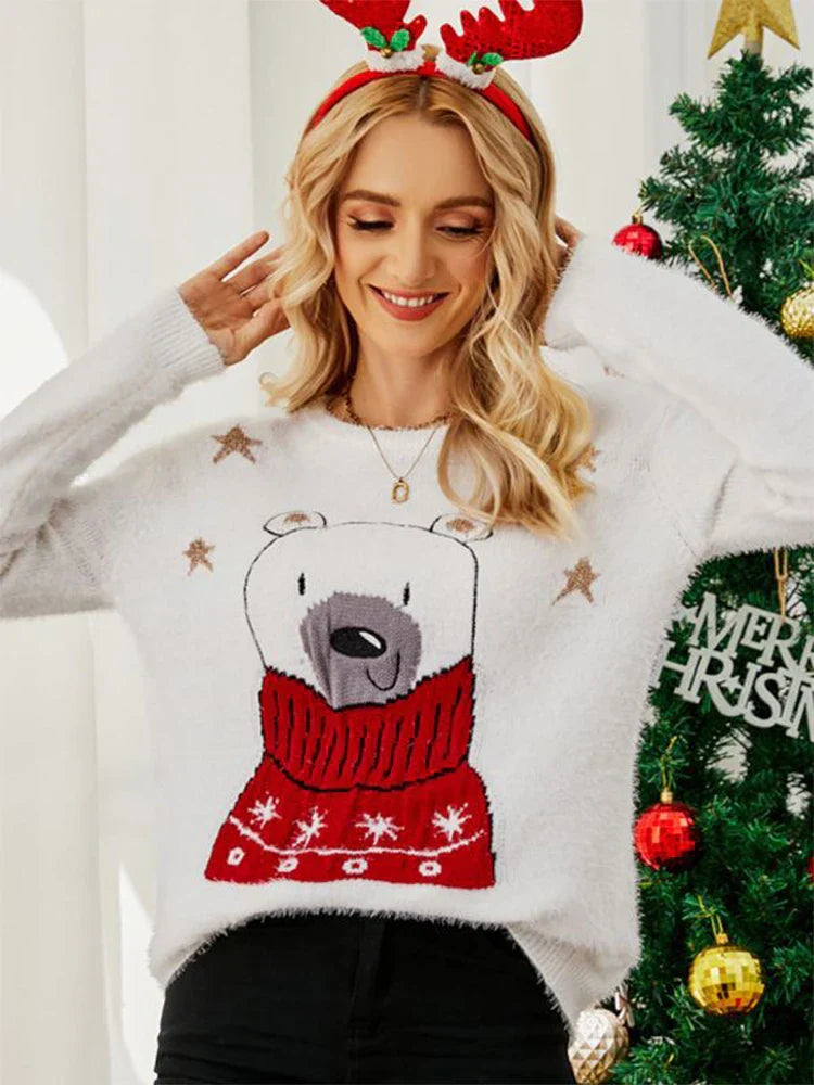 Ugly Christmas Cartoon Bear Embroidery Holiday Autumn Winter Sweater Sweaters-L