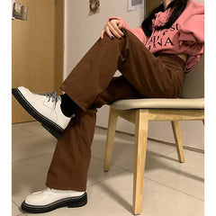 Jean marron style streetwear vintage, taille haute ample, mode Harajuku