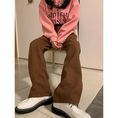 Jean marron style streetwear vintage, taille haute ample, mode Harajuku